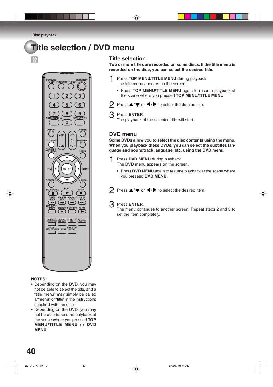 40 title selection / dvd menu | Toshiba Hi-Fi VCR & DVD Video Recorder D-VR5SU User Manual | Page 40 / 92