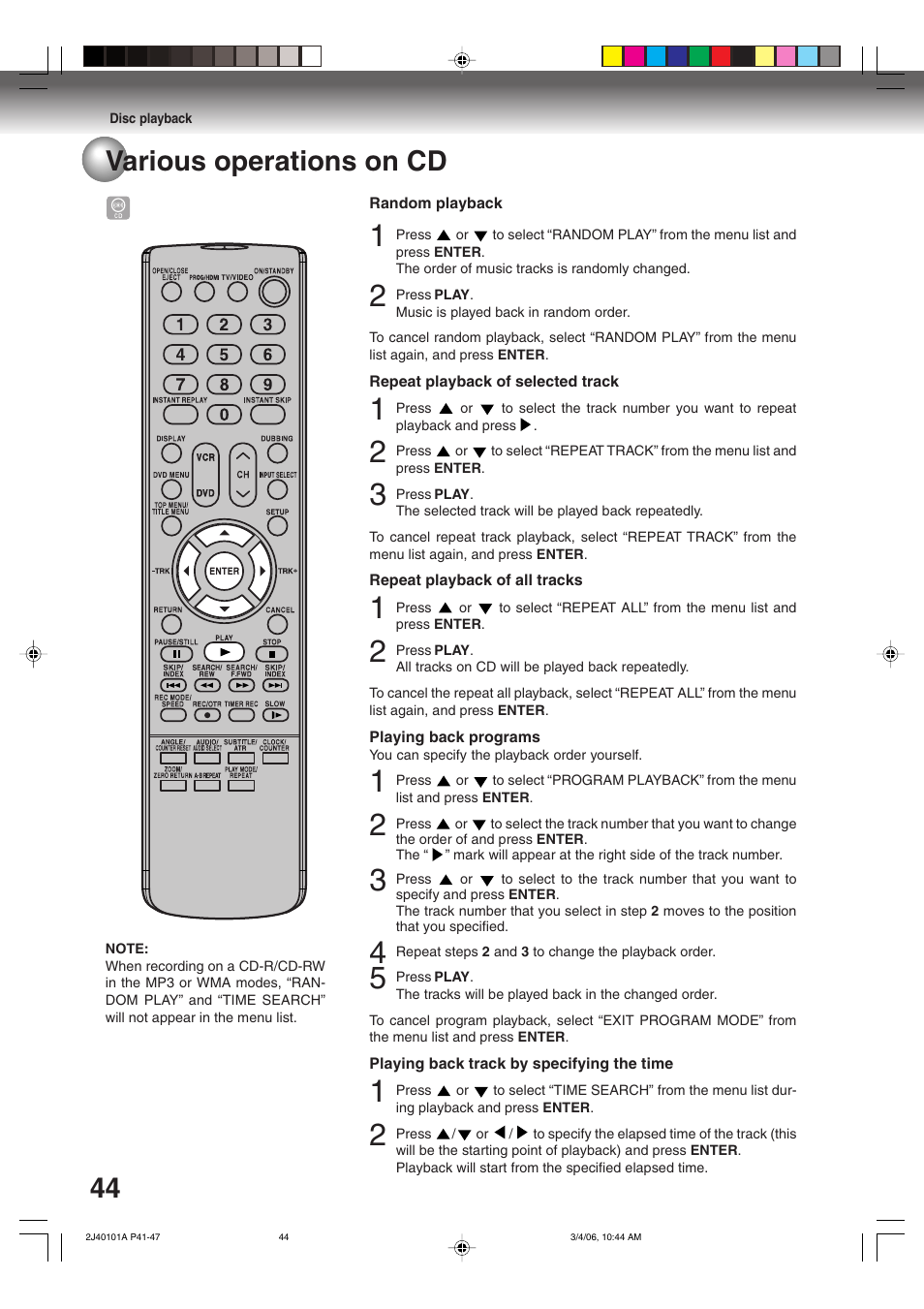 44 various operations on cd | Toshiba Hi-Fi VCR & DVD Video Recorder D-VR5SU User Manual | Page 44 / 92
