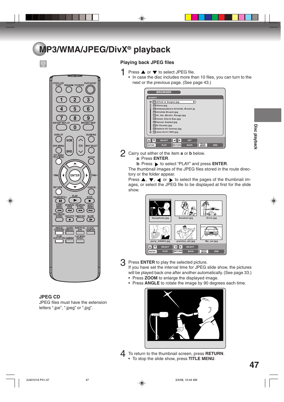 47 mp3/wma/jpeg/divx, Playback, Playing back jpeg files | Jpeg cd | Toshiba Hi-Fi VCR & DVD Video Recorder D-VR5SU User Manual | Page 47 / 92