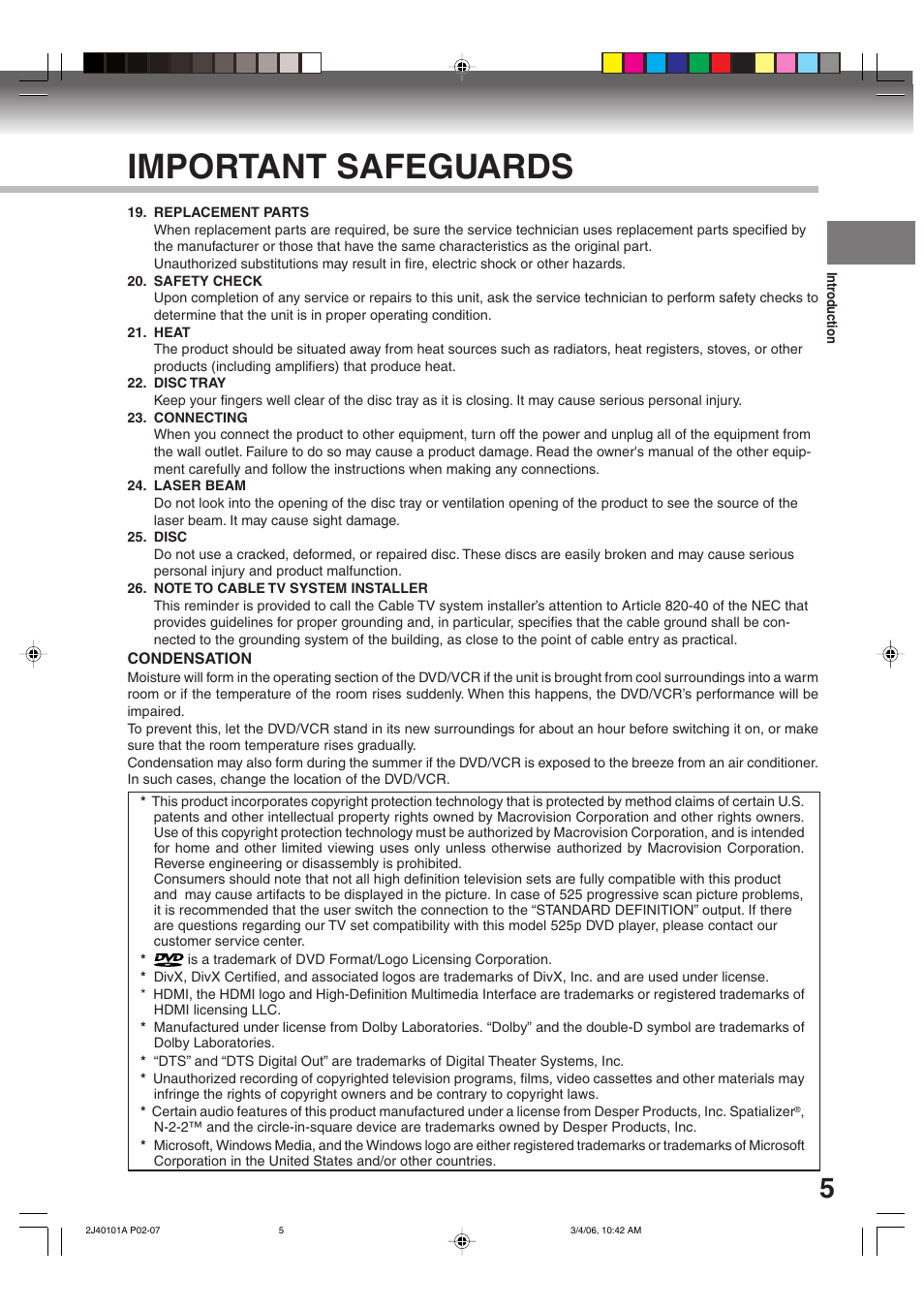 Important safeguards | Toshiba Hi-Fi VCR & DVD Video Recorder D-VR5SU User Manual | Page 5 / 92