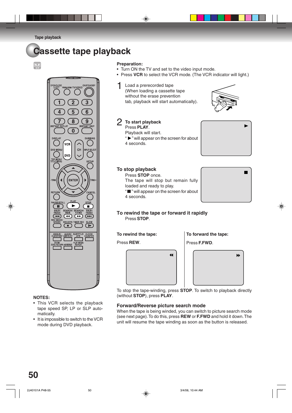 50 cassette tape playback | Toshiba Hi-Fi VCR & DVD Video Recorder D-VR5SU User Manual | Page 50 / 92