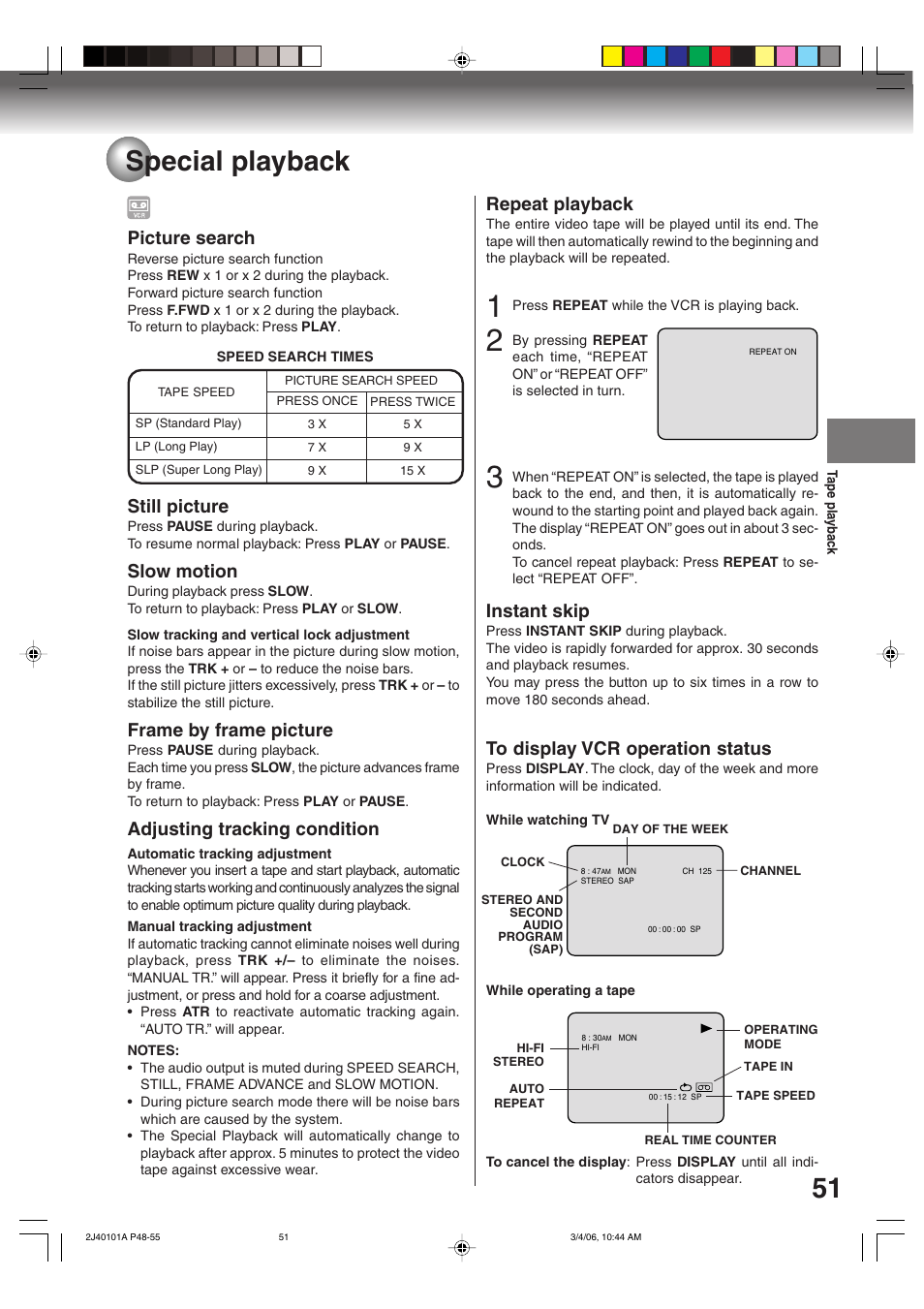 51 special playback, Picture search, Still picture | Slow motion, Frame by frame picture, Adjusting tracking condition, Repeat playback, Instant skip | Toshiba Hi-Fi VCR & DVD Video Recorder D-VR5SU User Manual | Page 51 / 92