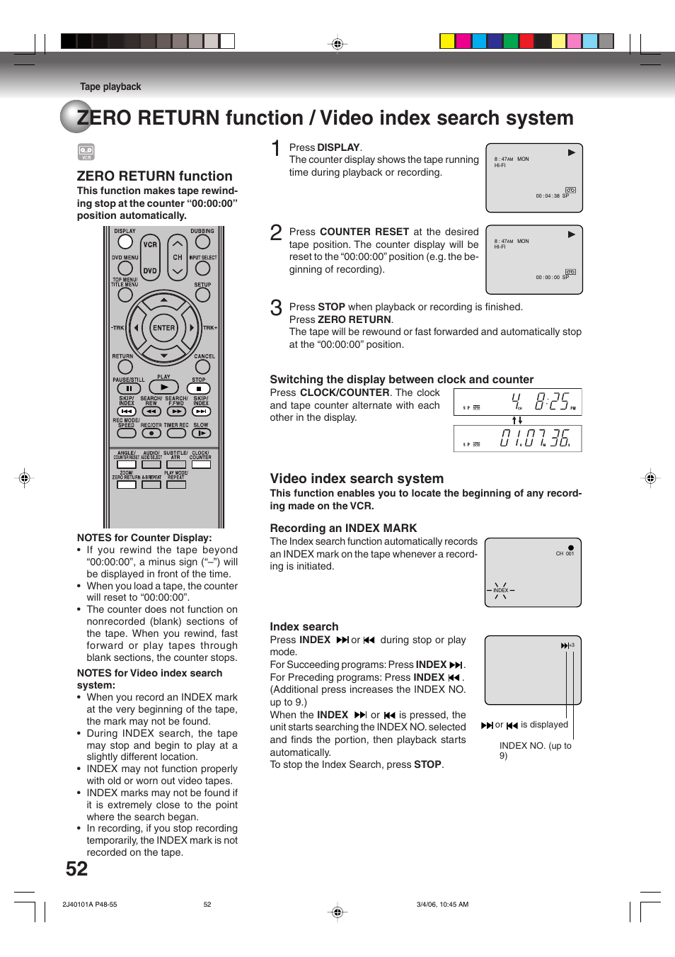 Video index search system, Zero return function | Toshiba Hi-Fi VCR & DVD Video Recorder D-VR5SU User Manual | Page 52 / 92