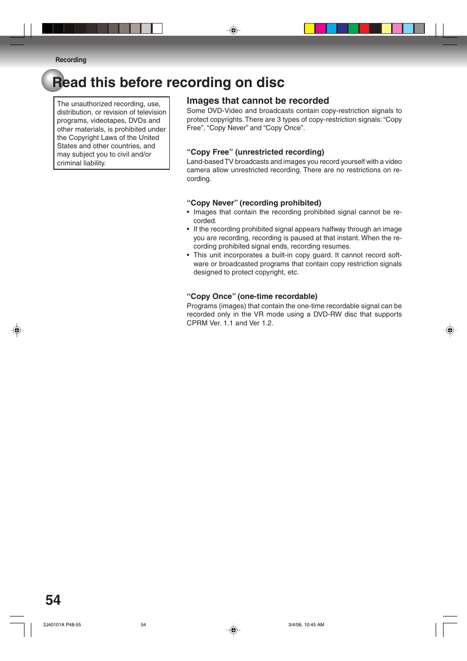54 read this before recording on disc, Images that cannot be recorded | Toshiba Hi-Fi VCR & DVD Video Recorder D-VR5SU User Manual | Page 54 / 92