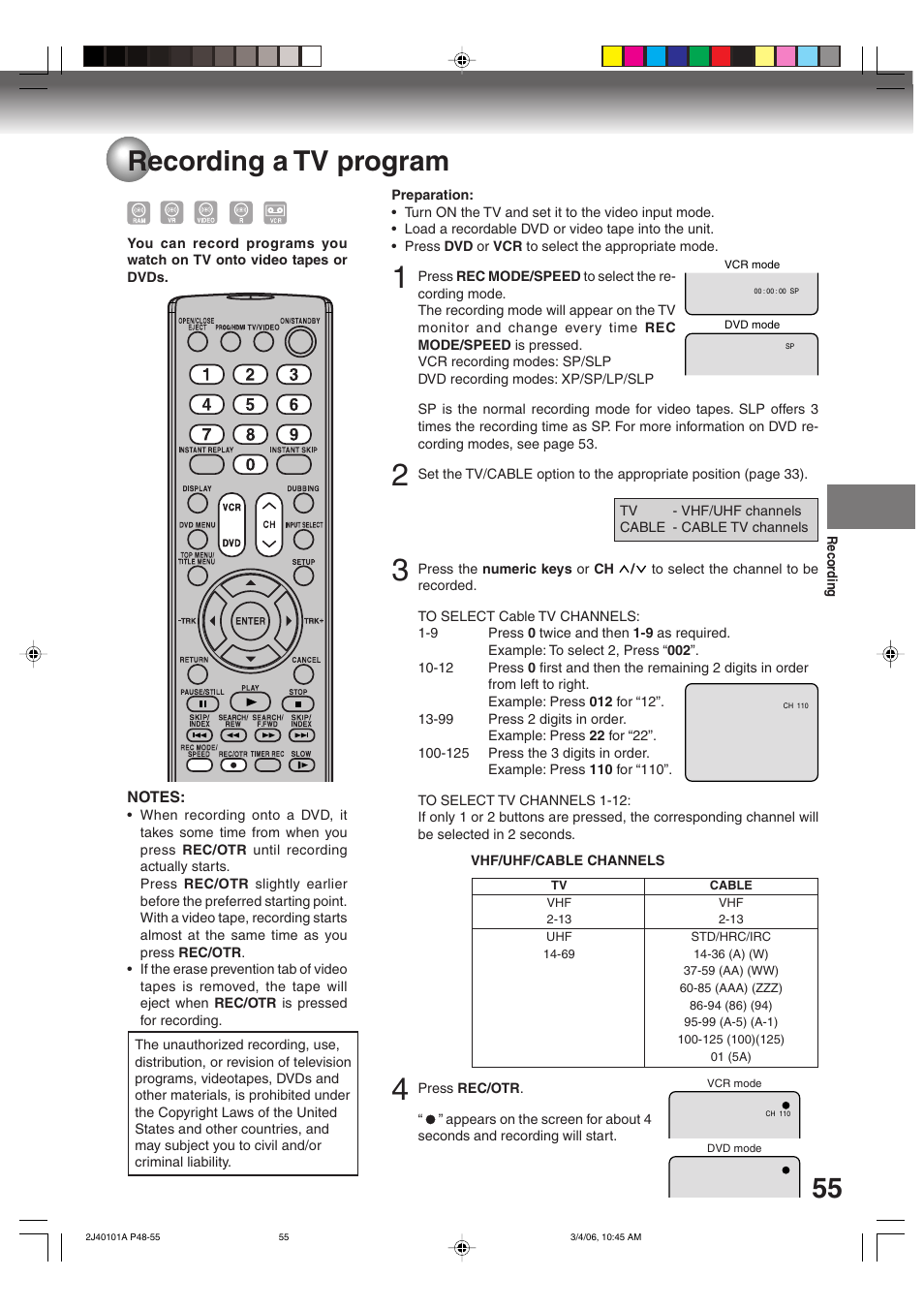 55 recording a tv program | Toshiba Hi-Fi VCR & DVD Video Recorder D-VR5SU User Manual | Page 55 / 92
