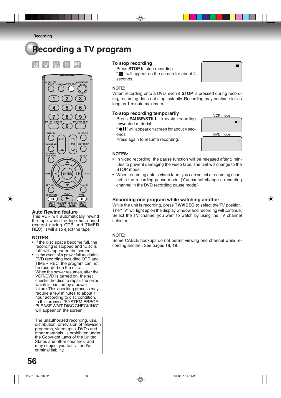 56 recording a tv program | Toshiba Hi-Fi VCR & DVD Video Recorder D-VR5SU User Manual | Page 56 / 92