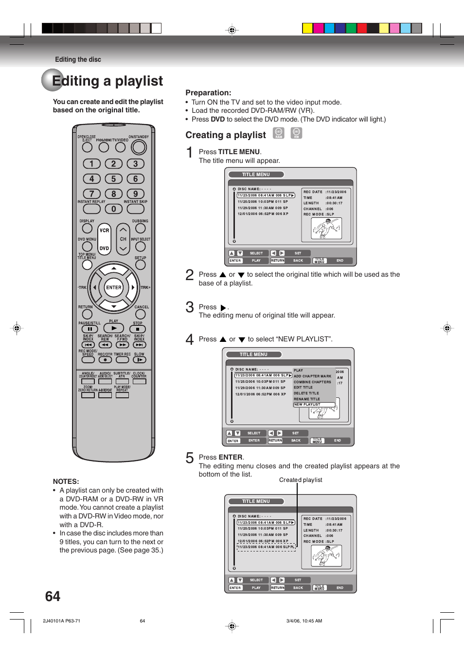 Editing a playlist, Creating a playlist, Preparation | Toshiba Hi-Fi VCR & DVD Video Recorder D-VR5SU User Manual | Page 64 / 92