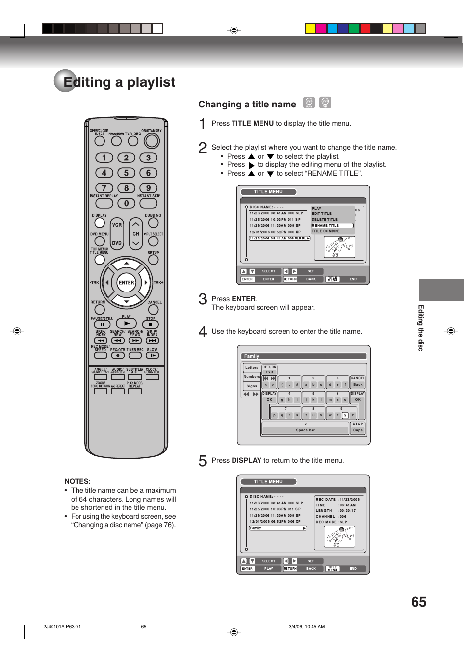 65 editing a playlist, Changing a title name, Editing the disc | Press title menu to display the title menu, Press enter . the keyboard screen will appear, Use the keyboard screen to enter the title name, Press display to return to the title menu | Toshiba Hi-Fi VCR & DVD Video Recorder D-VR5SU User Manual | Page 65 / 92