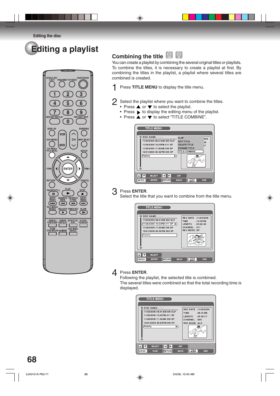 68 editing a playlist, Combining the title, Editing the disc | Press title menu to display the title menu | Toshiba Hi-Fi VCR & DVD Video Recorder D-VR5SU User Manual | Page 68 / 92