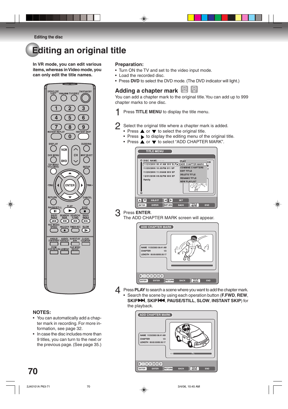 70 editing an original title, Adding a chapter mark, Preparation | Toshiba Hi-Fi VCR & DVD Video Recorder D-VR5SU User Manual | Page 70 / 92