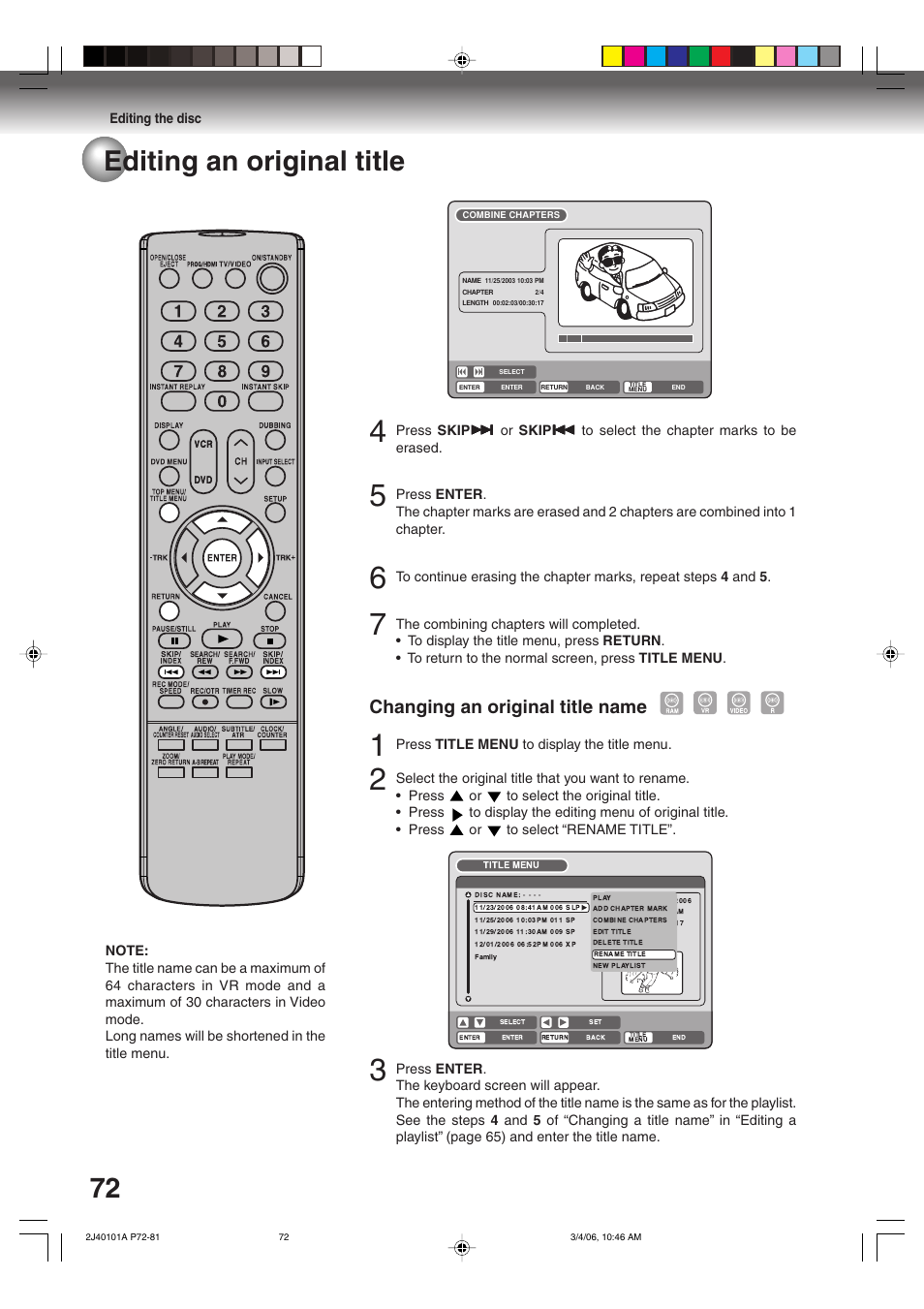 Editing an original title, Changing an original title name | Toshiba Hi-Fi VCR & DVD Video Recorder D-VR5SU User Manual | Page 72 / 92