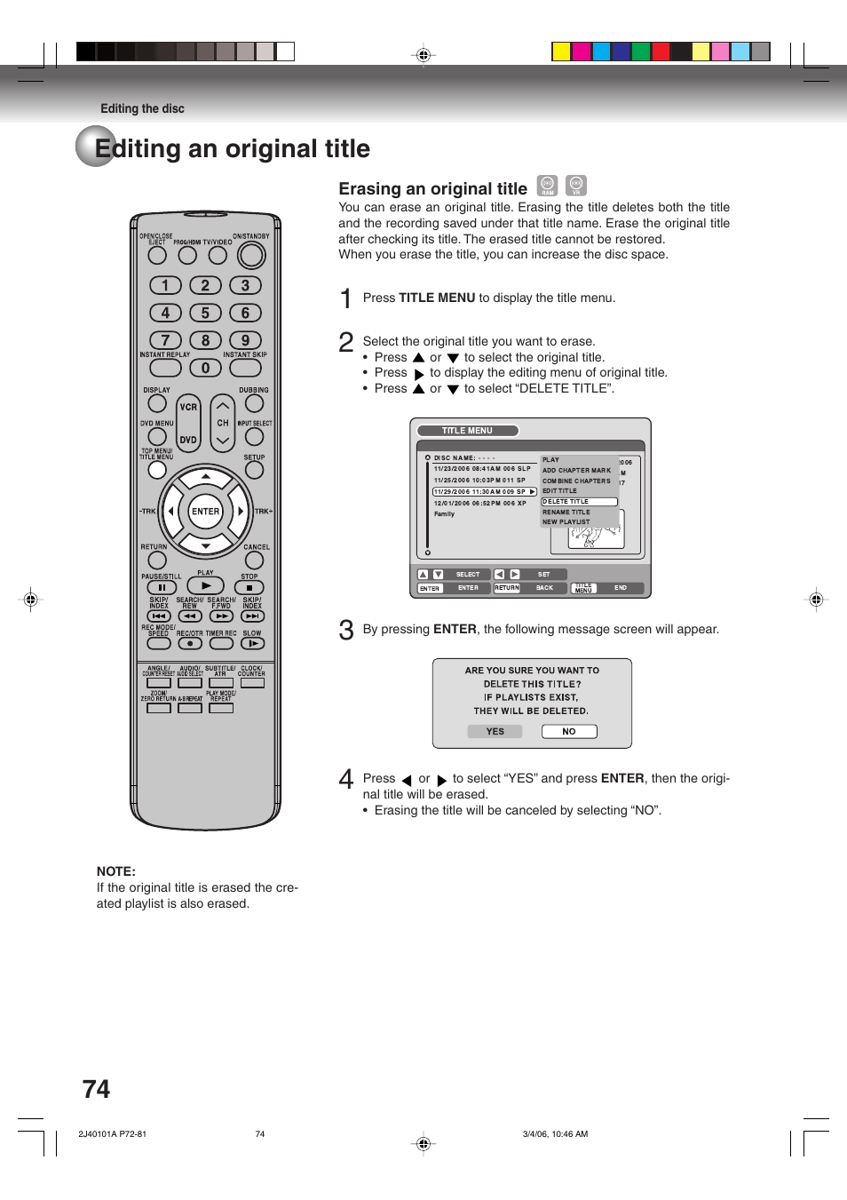 74 editing an original title, Erasing an original title | Toshiba Hi-Fi VCR & DVD Video Recorder D-VR5SU User Manual | Page 74 / 92