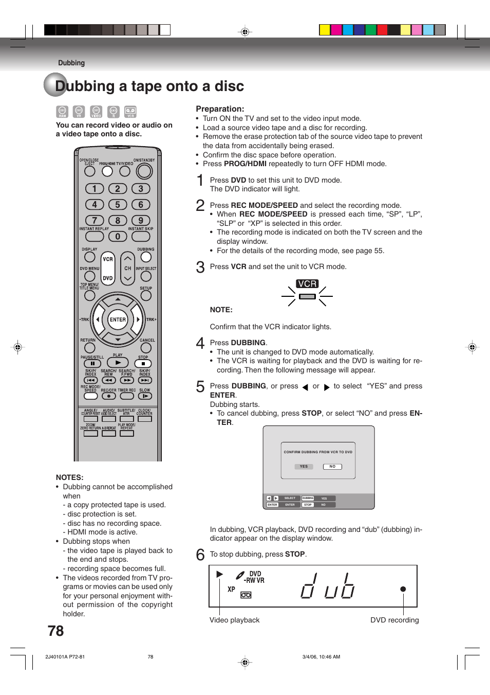 Dubbing a tape onto a disc | Toshiba Hi-Fi VCR & DVD Video Recorder D-VR5SU User Manual | Page 78 / 92