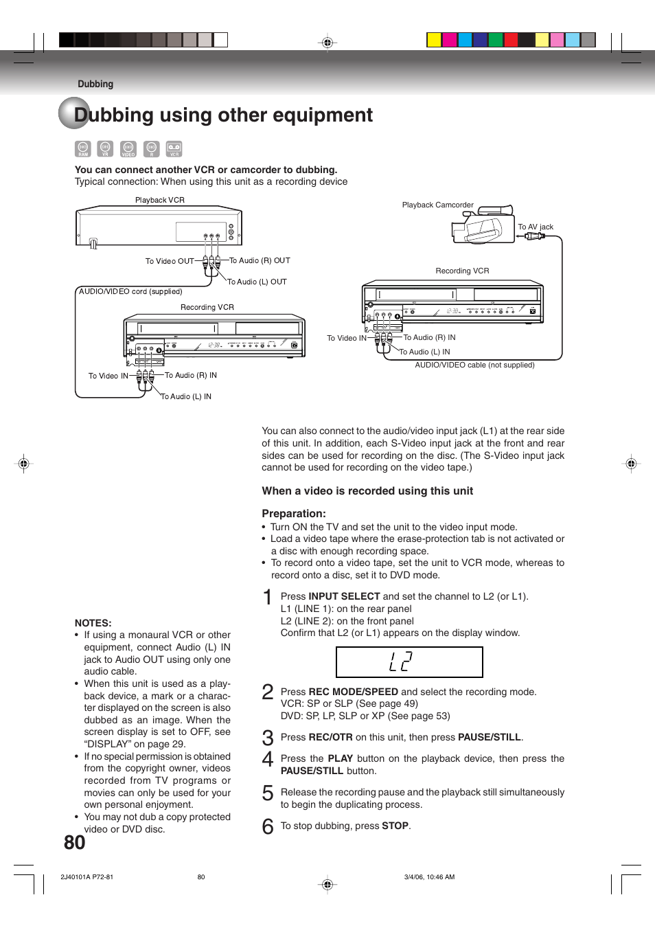 80 dubbing using other equipment | Toshiba Hi-Fi VCR & DVD Video Recorder D-VR5SU User Manual | Page 80 / 92