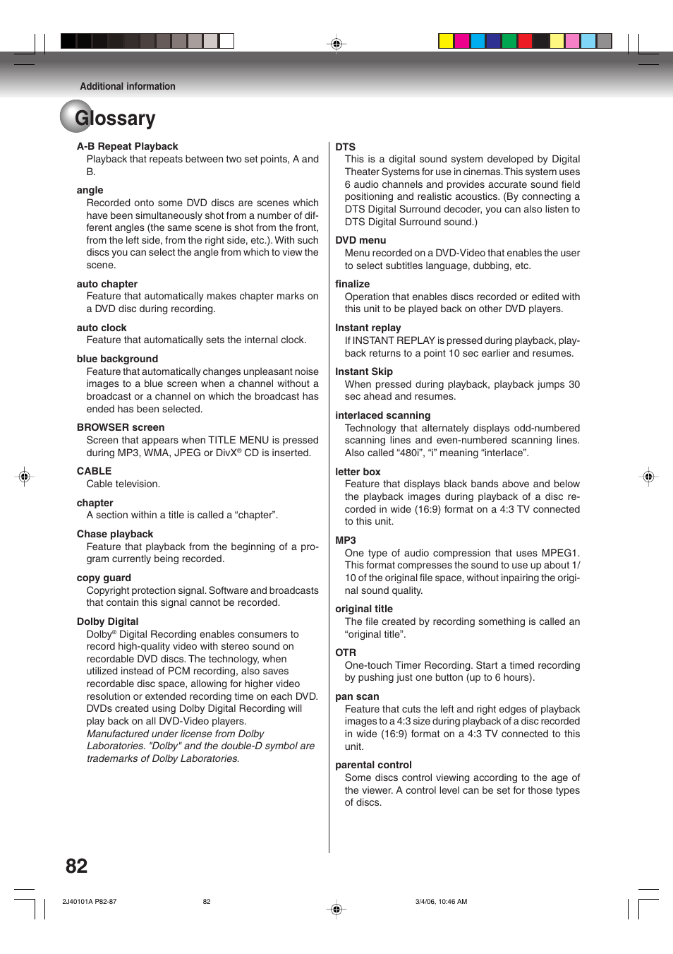 82 glossary | Toshiba Hi-Fi VCR & DVD Video Recorder D-VR5SU User Manual | Page 82 / 92