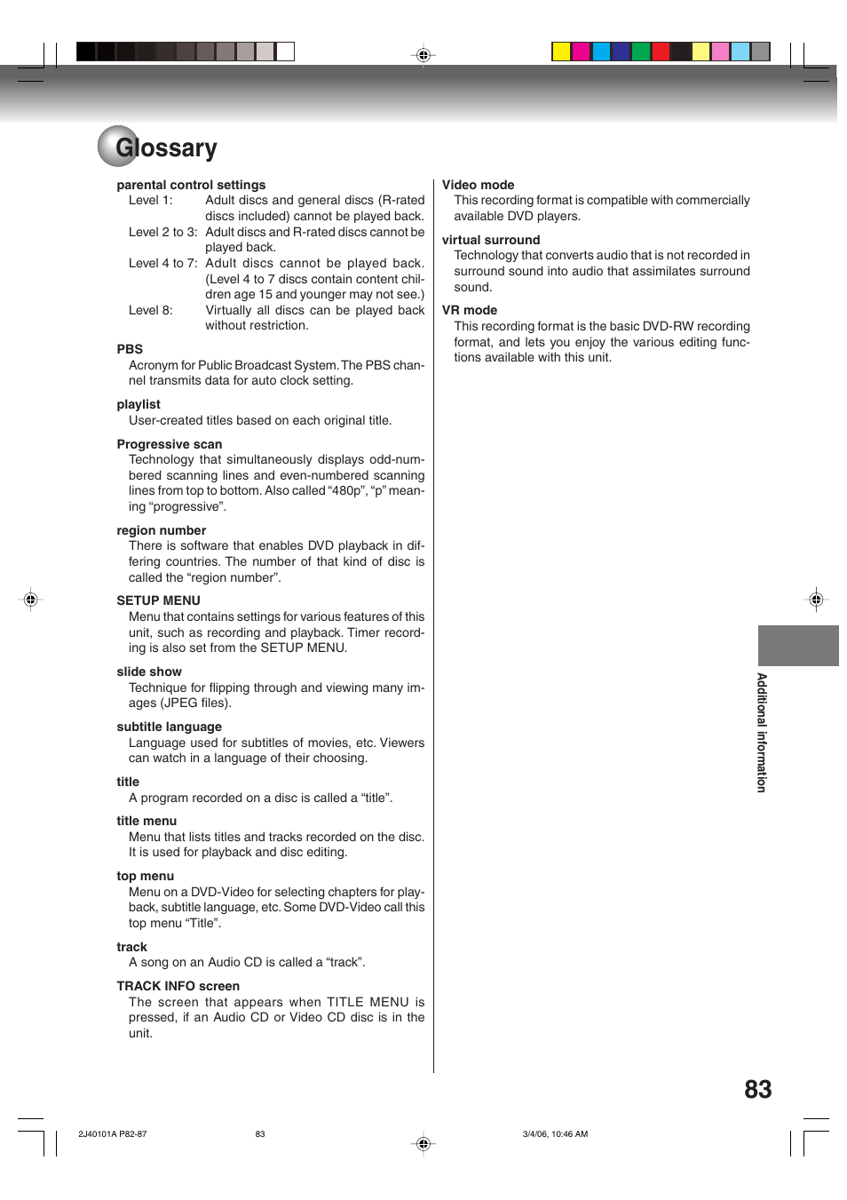 83 glossary | Toshiba Hi-Fi VCR & DVD Video Recorder D-VR5SU User Manual | Page 83 / 92