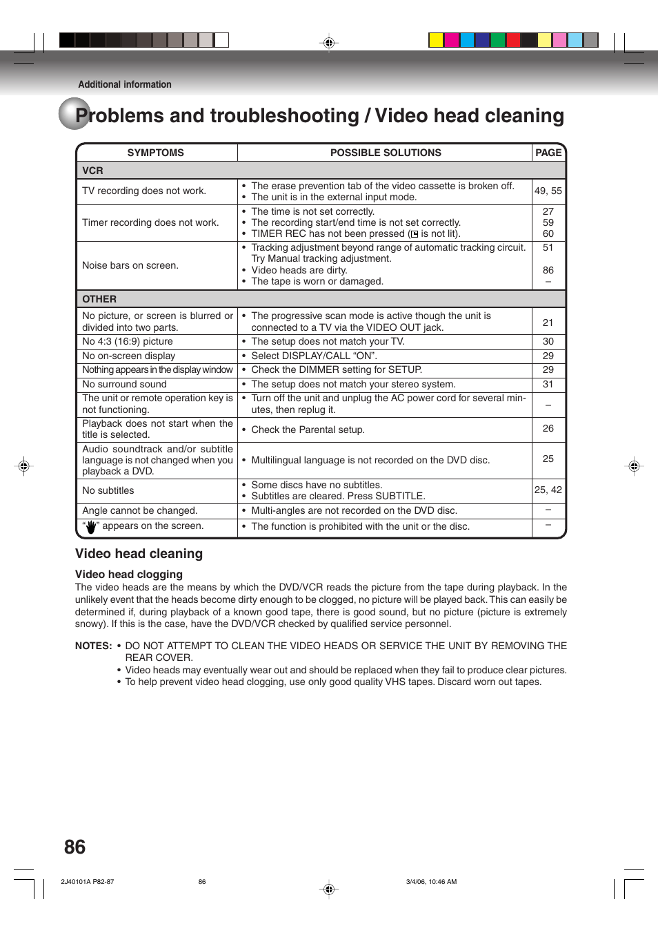 Problems and troubleshooting / video head cleaning, Video head cleaning | Toshiba Hi-Fi VCR & DVD Video Recorder D-VR5SU User Manual | Page 86 / 92