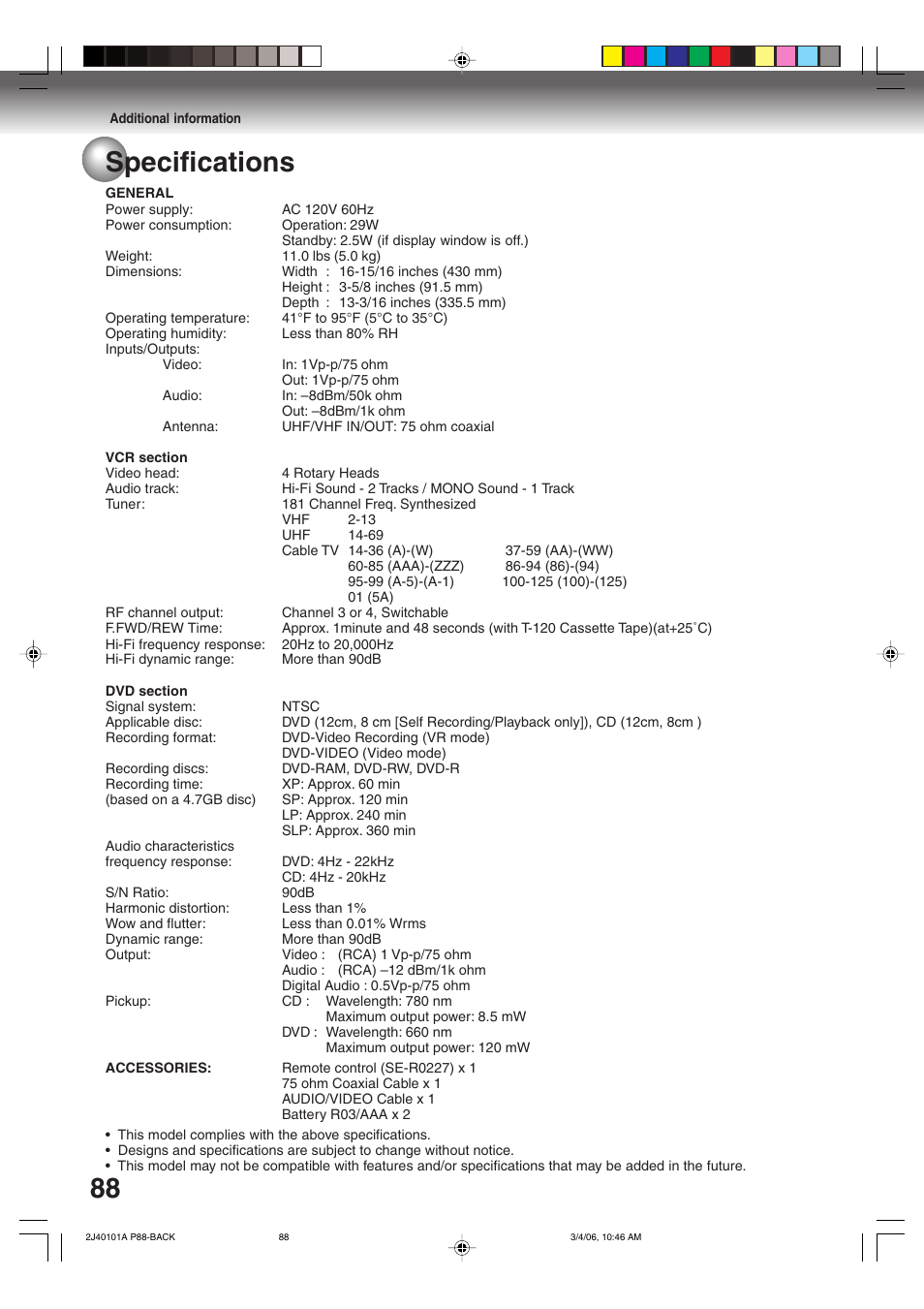 Specifications | Toshiba Hi-Fi VCR & DVD Video Recorder D-VR5SU User Manual | Page 88 / 92