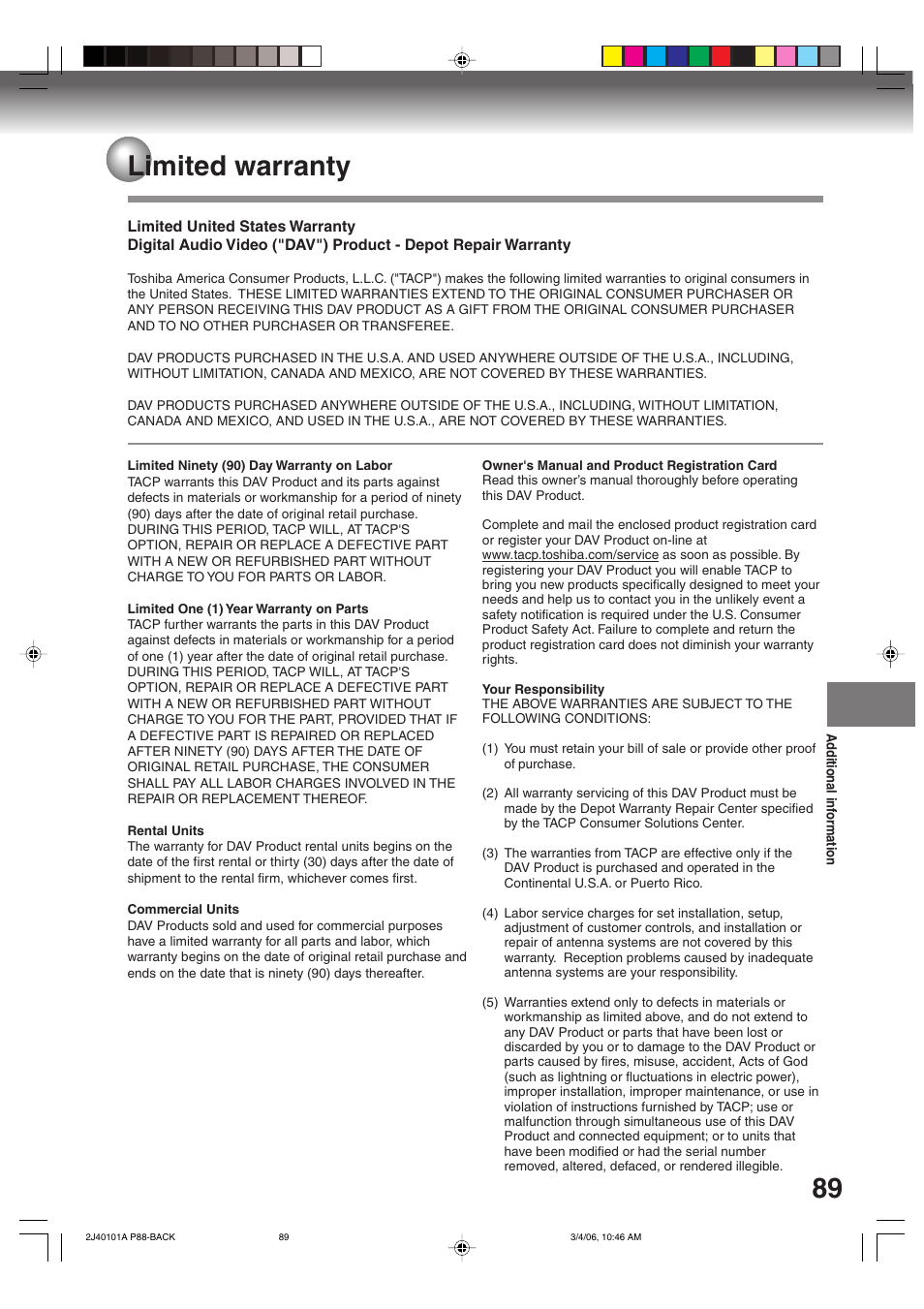 Limited warranty | Toshiba Hi-Fi VCR & DVD Video Recorder D-VR5SU User Manual | Page 89 / 92
