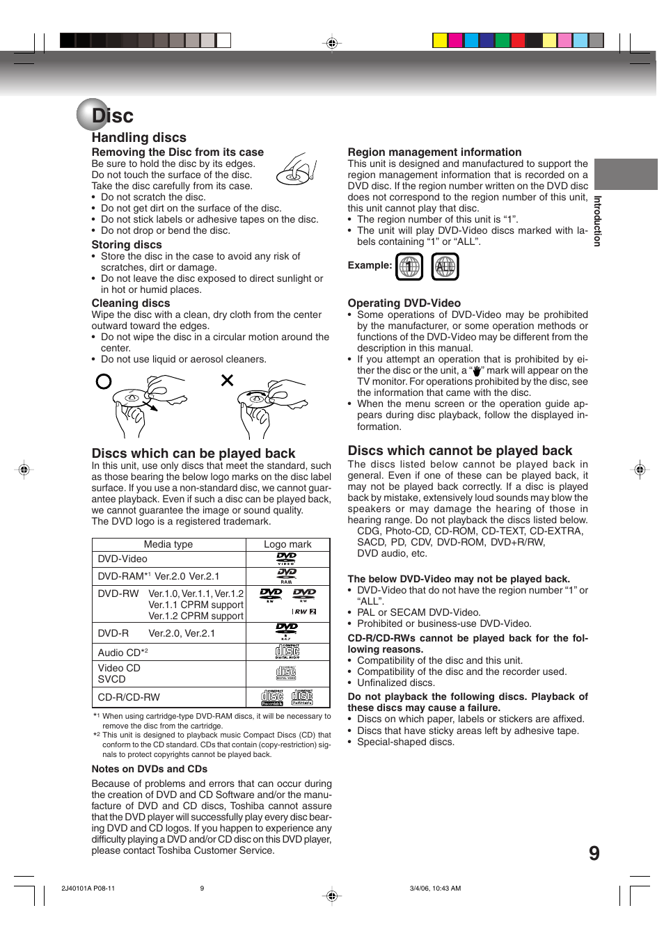 9disc, Handling discs, Discs which cannot be played back | Discs which can be played back | Toshiba Hi-Fi VCR & DVD Video Recorder D-VR5SU User Manual | Page 9 / 92