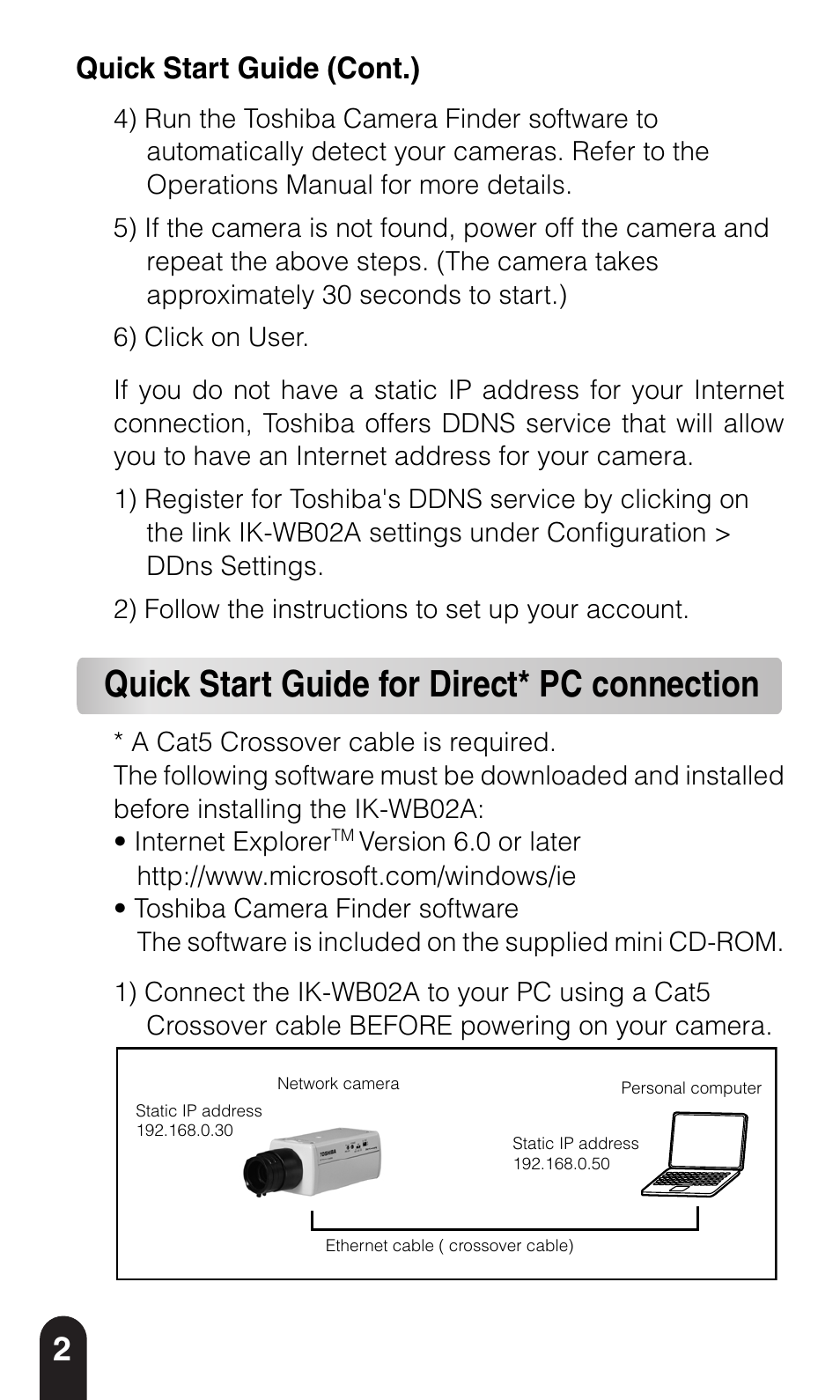 Quick start guide for direct* pc connection, Quick start guide (cont.) | Toshiba IK-WB02A User Manual | Page 2 / 4