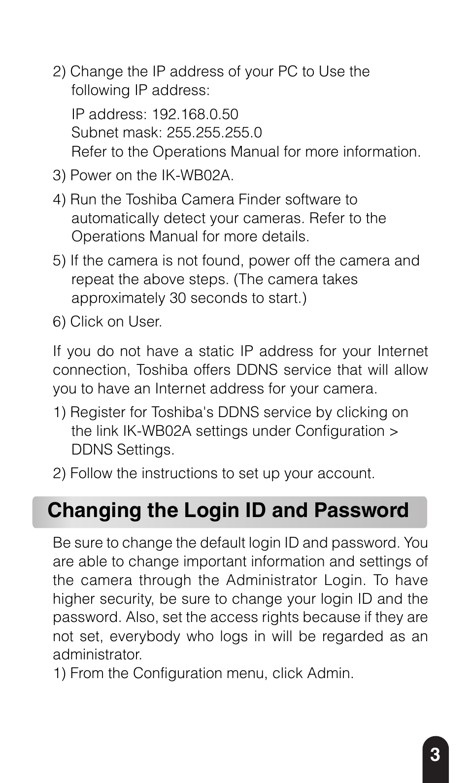 Changing the login id and password | Toshiba IK-WB02A User Manual | Page 3 / 4