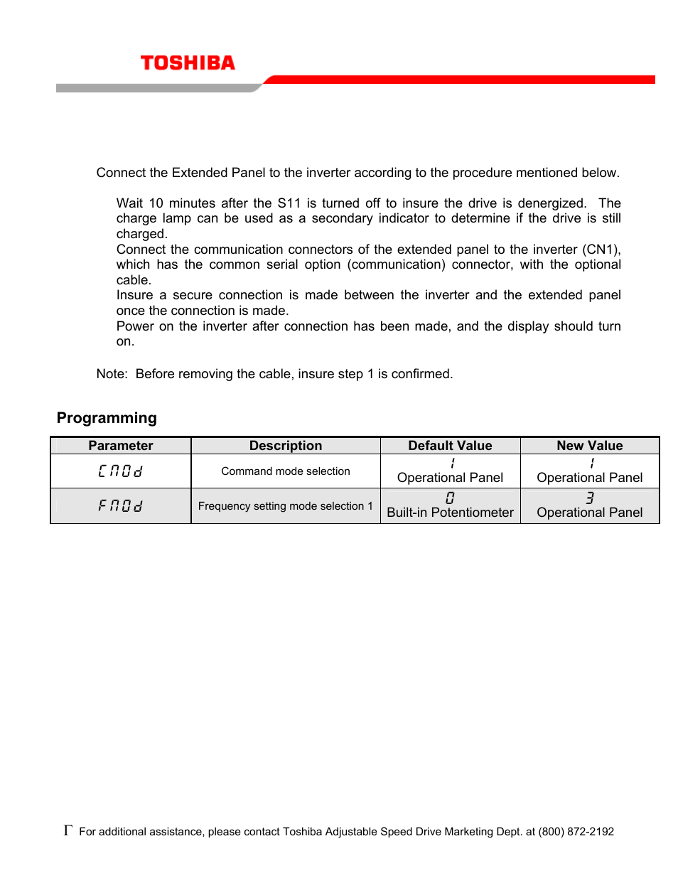 Programming, Tos-sn-1 | Toshiba Extended Panel TOS-SN-1 User Manual | Page 2 / 7
