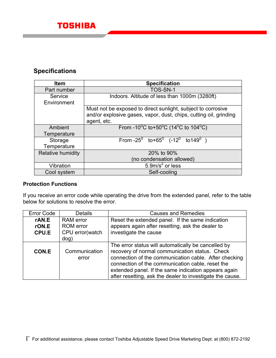 Specifications, Protection functions, Tos-sn-1 | Toshiba Extended Panel TOS-SN-1 User Manual | Page 5 / 7