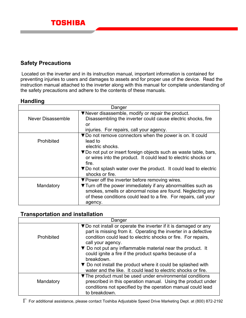 Handling, Transportation and installation, Tos-sn-1 | Toshiba Extended Panel TOS-SN-1 User Manual | Page 6 / 7