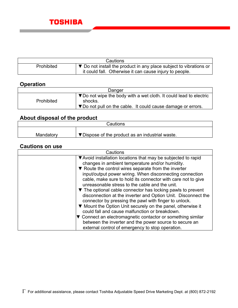 Operation, About disposal of the product, Cautions on use | Tos-sn-1 | Toshiba Extended Panel TOS-SN-1 User Manual | Page 7 / 7