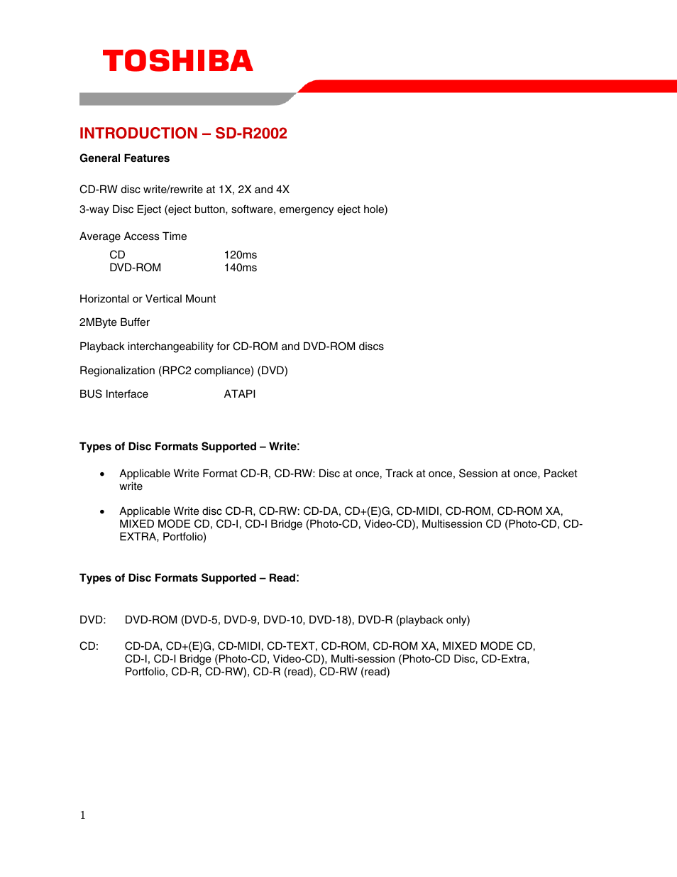 Introduction – sd-r2002 | Toshiba SD-R2002 User Manual | Page 3 / 12