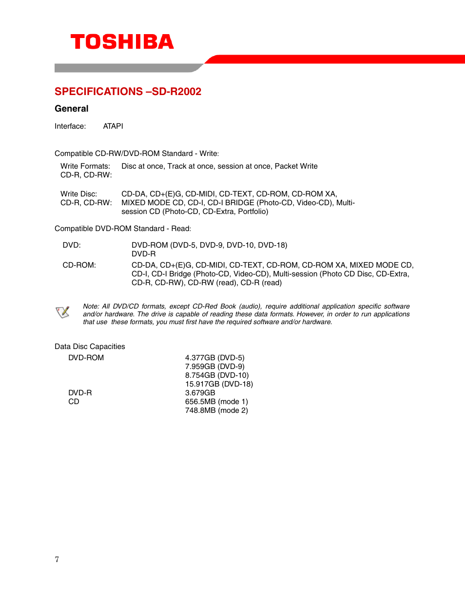 Specifications –sd-r2002 | Toshiba SD-R2002 User Manual | Page 9 / 12