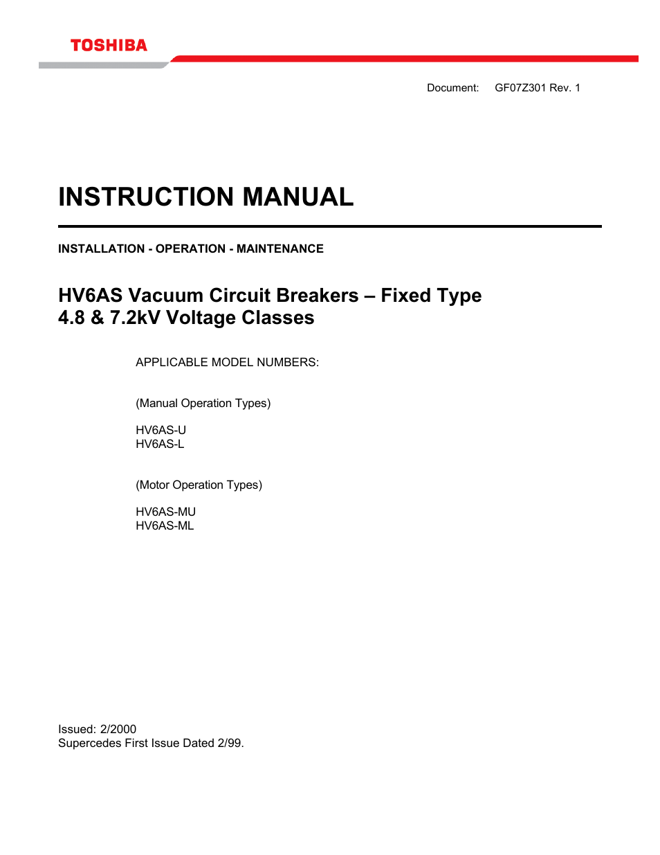 Toshiba HV6AS User Manual | 39 pages