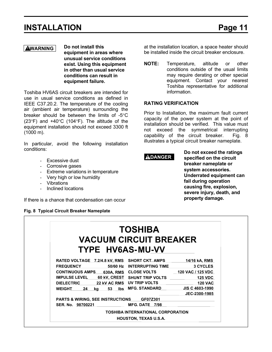 Toshiba, Vacuum circuit breaker, Hv6as | Type, Mu-vv, Installation page 11 | Toshiba HV6AS User Manual | Page 15 / 39