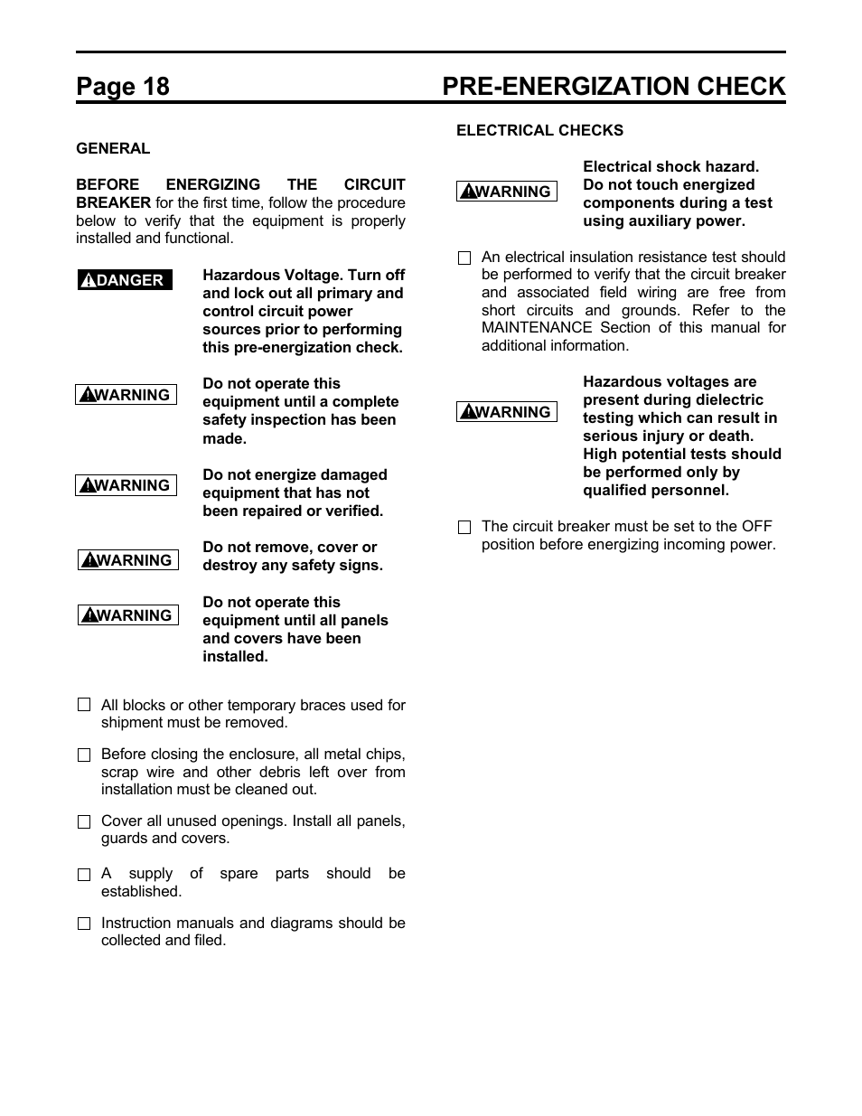 Page 18 pre-energization check | Toshiba HV6AS User Manual | Page 22 / 39