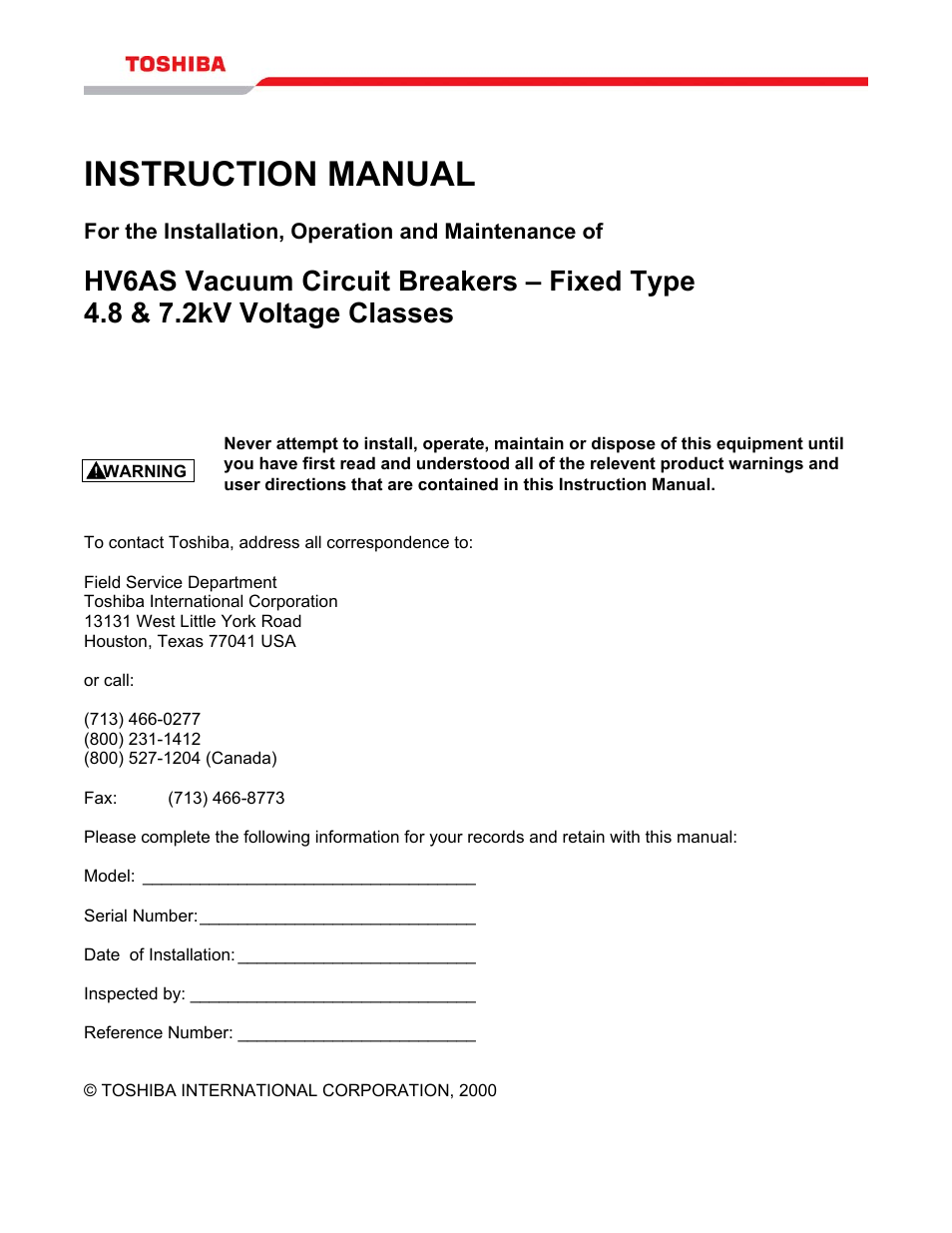 Toshiba, Instruction manual, Hv6as vacuum circuit breakers – fixed type | Toshiba HV6AS User Manual | Page 3 / 39