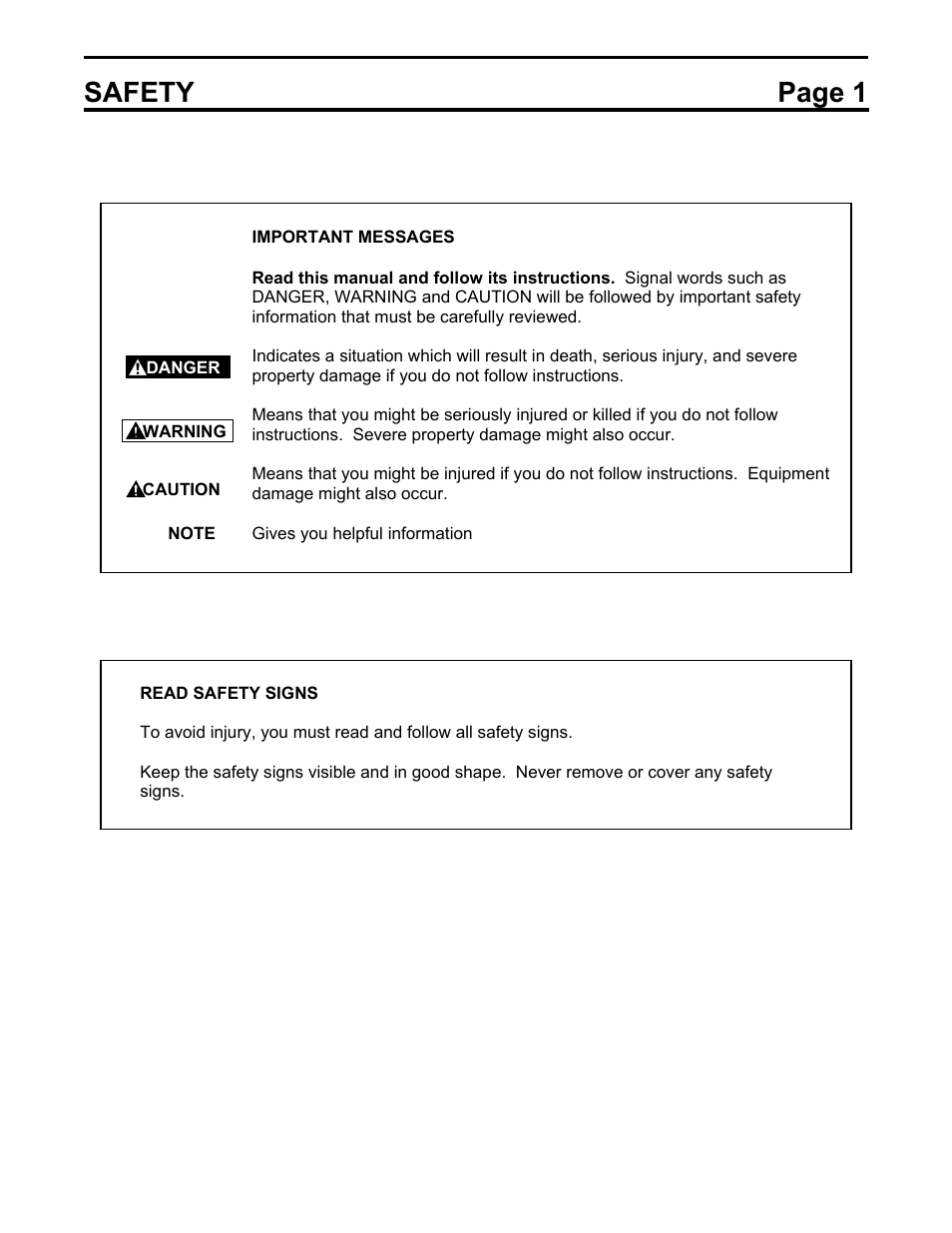 Read safety signs, Safety page 1 | Toshiba HV6AS User Manual | Page 5 / 39