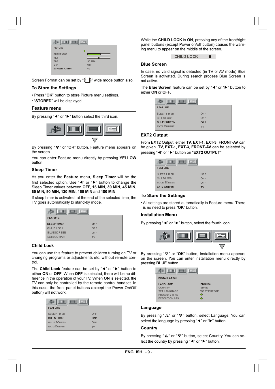 Feature menu, Installation menu | Toshiba 29VH36/37 User Manual | Page 10 / 16