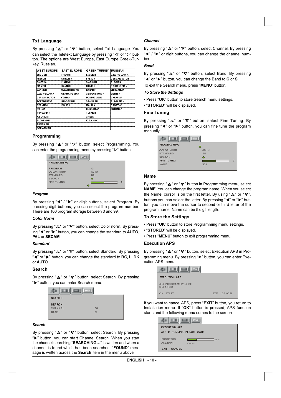 Txt language, Programming, Search | Fine tuning, Name, Execution aps, English - 10 | Toshiba 29VH36/37 User Manual | Page 11 / 16