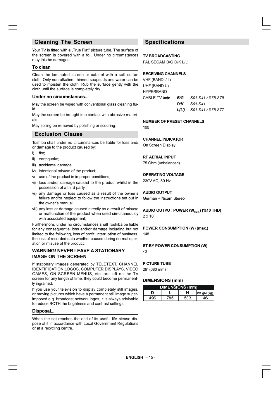 Cleaning the screen, Exclusion clause, Specifications | Toshiba 29VH36/37 User Manual | Page 16 / 16