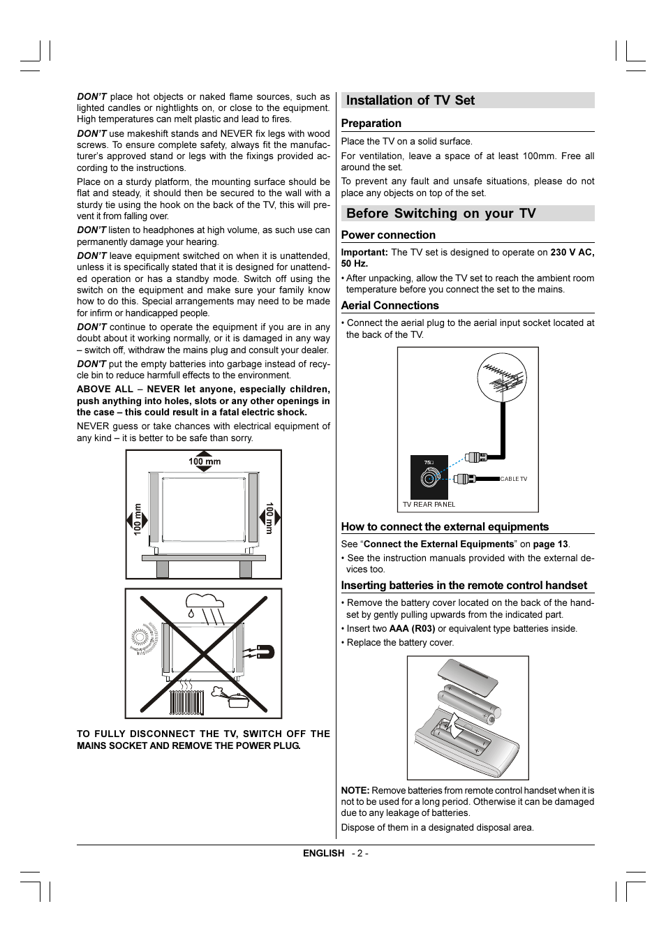 Installation of tv set, Before switching on your tv | Toshiba 29VH36/37 User Manual | Page 3 / 16