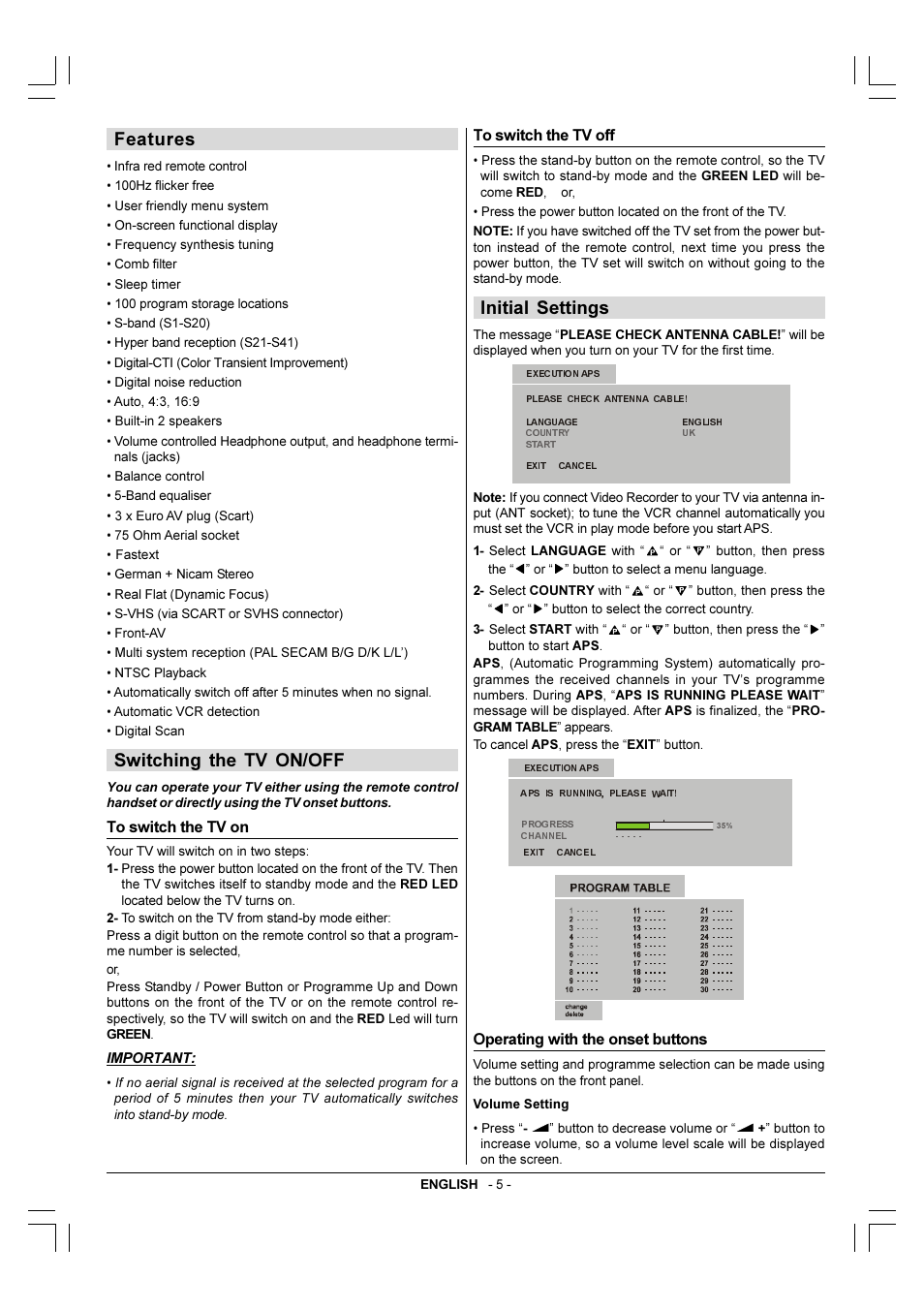 Features, Switching the tv on/off, Initial settings | Operating with the onset buttons | Toshiba 29VH36/37 User Manual | Page 6 / 16