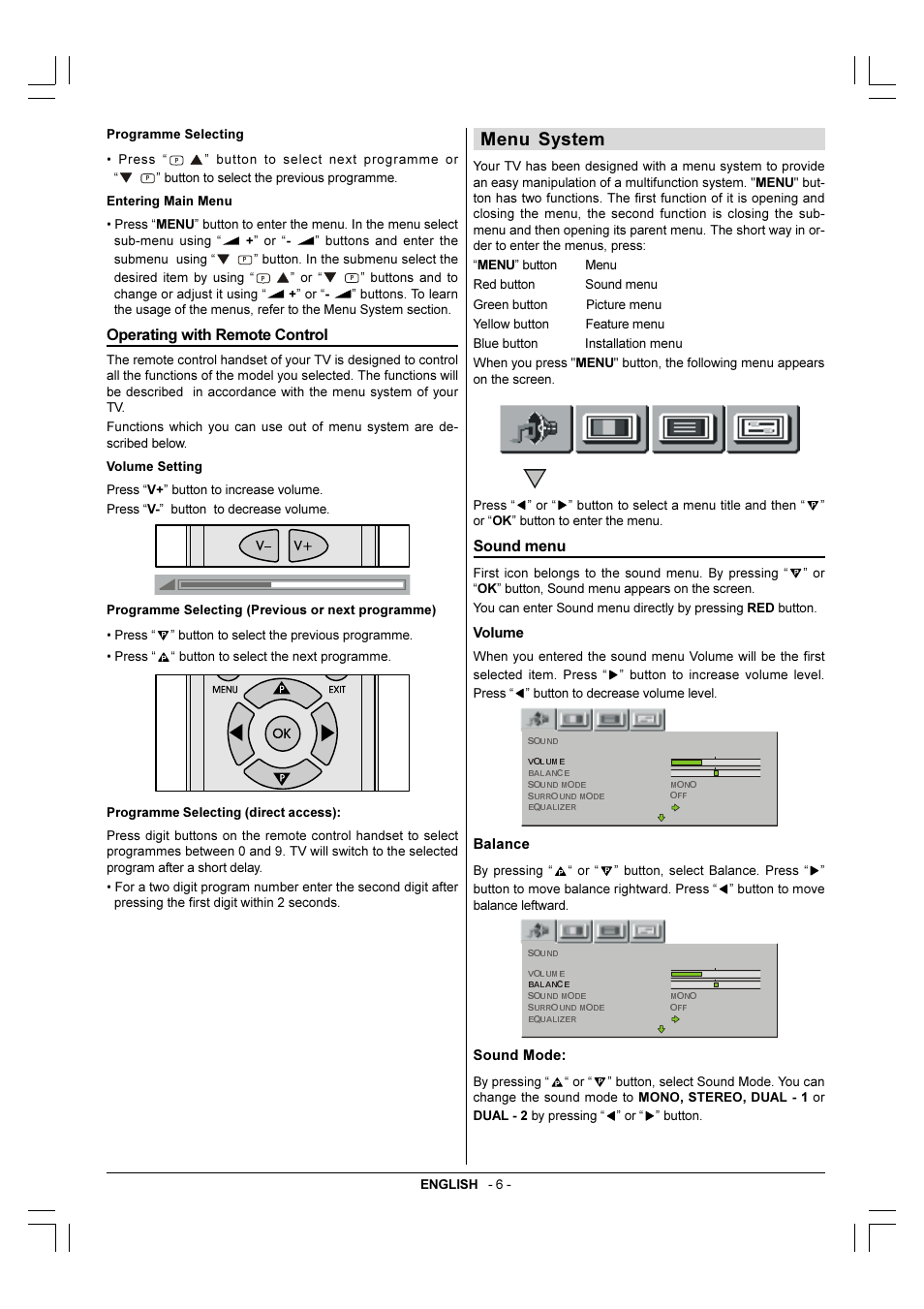 Menu system, Operating with remote control, Sound menu | Toshiba 29VH36/37 User Manual | Page 7 / 16
