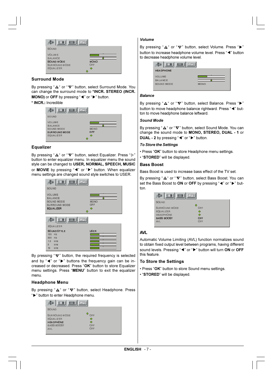 Surround mode, Equalizer, Headphone menu | Bass boost | Toshiba 29VH36/37 User Manual | Page 8 / 16