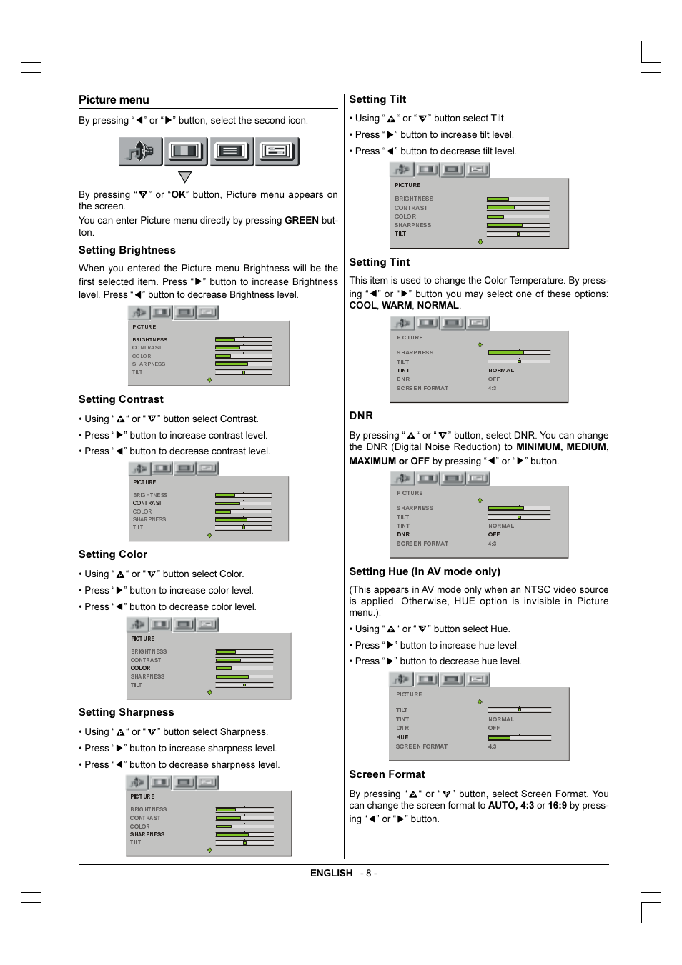 Picture menu, Setting brightness, Setting contrast | Setting color, Setting sharpness, Setting tilt, Setting tint, Setting hue (in av mode only), Screen format | Toshiba 29VH36/37 User Manual | Page 9 / 16