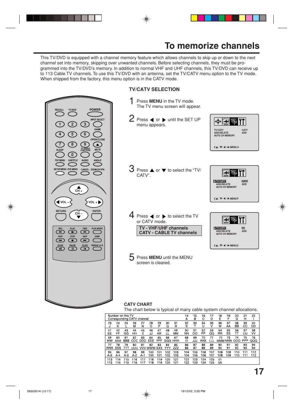 To memorize channels, Tv/catv selection | Toshiba MD13N3 User Manual | Page 17 / 47