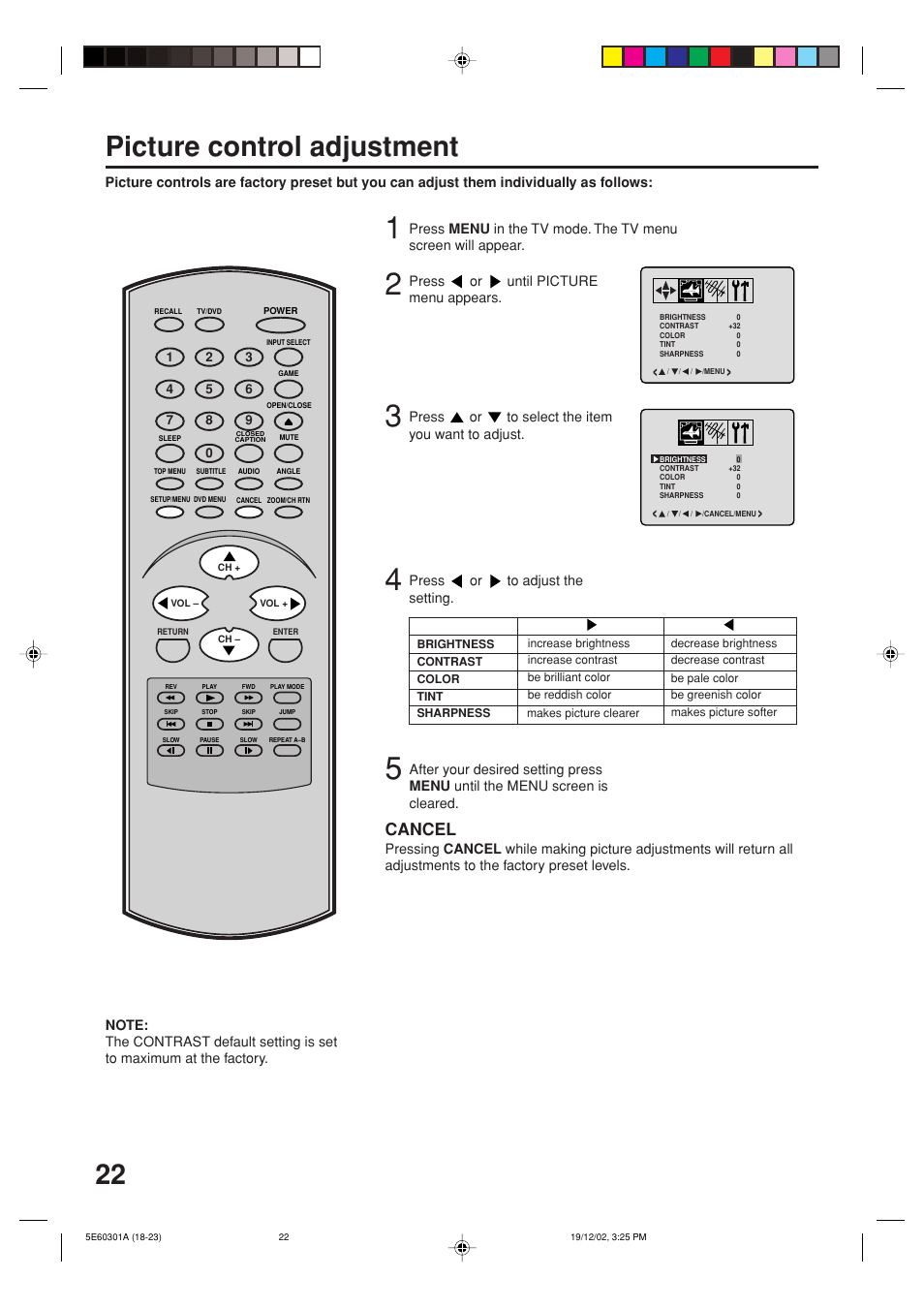 Picture control adjustment, Cancel | Toshiba MD13N3 User Manual | Page 22 / 47