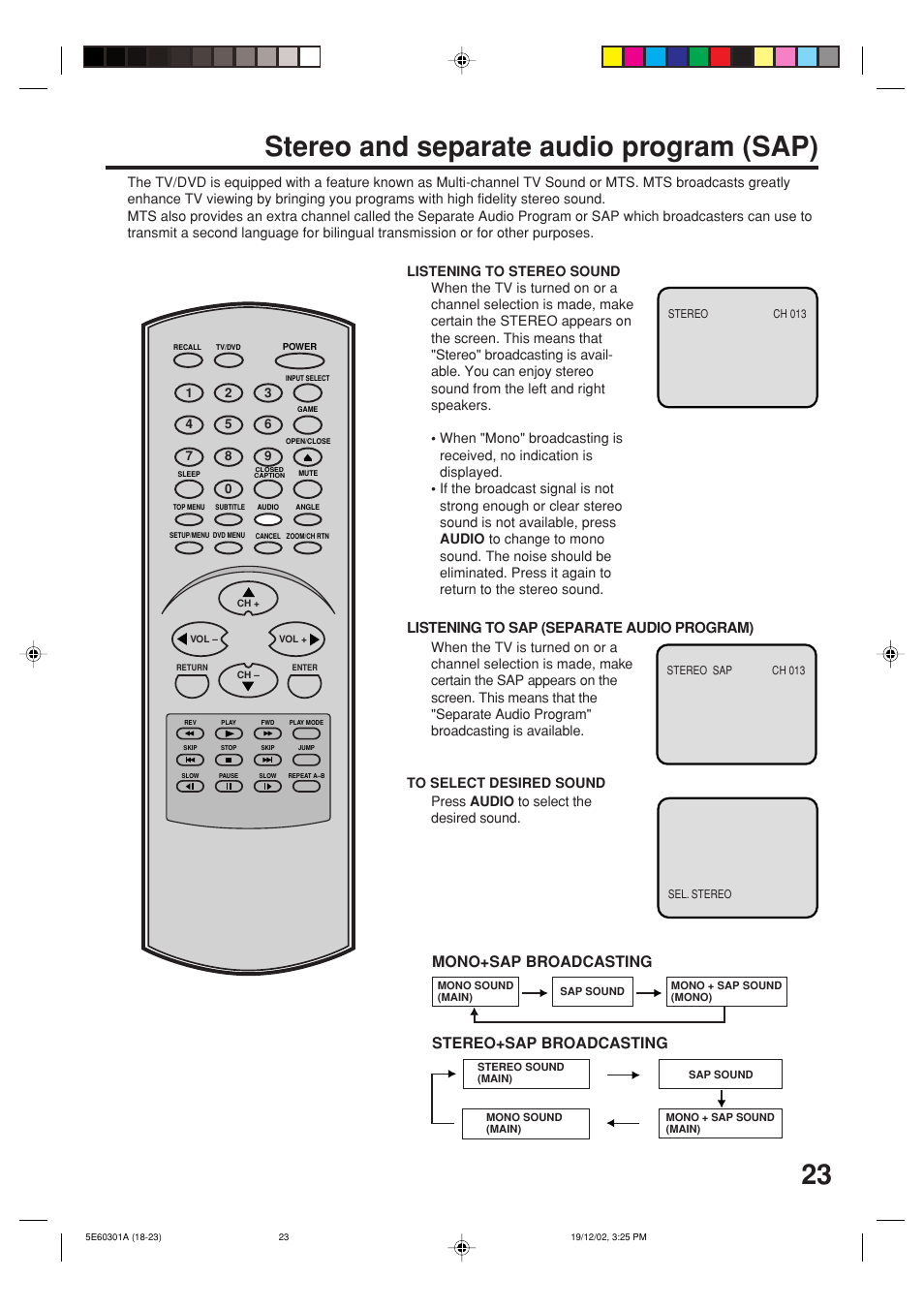 Stereo and separate audio program, Stereo and separate audio program (sap), Mono+sap broadcasting | Stereo+sap broadcasting, Listening to sap (separate audio program) | Toshiba MD13N3 User Manual | Page 23 / 47