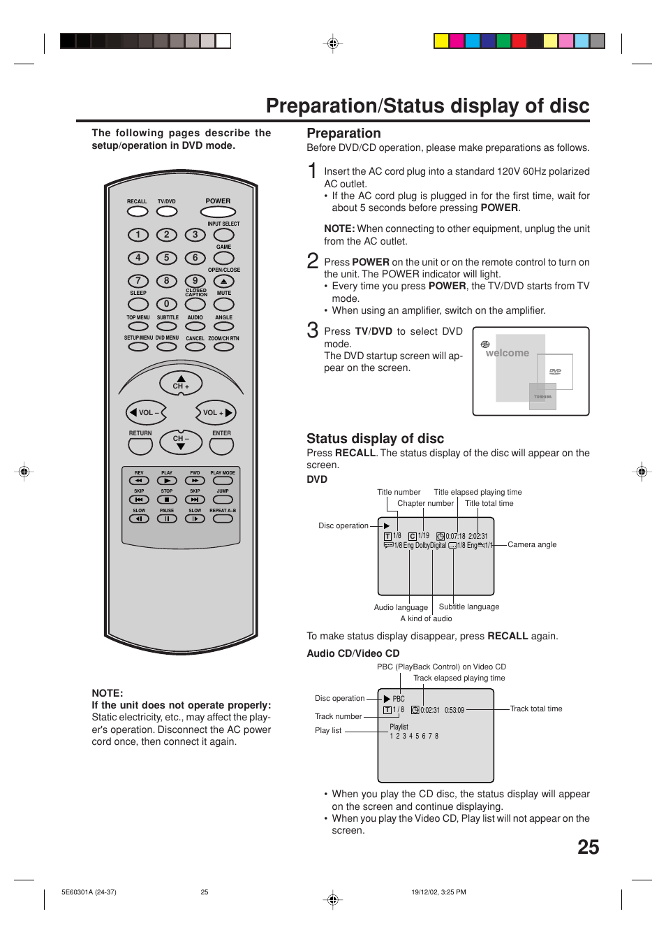 Preparation/status display of disc, 25 preparation/status display of disc, Status display of disc | Preparation | Toshiba MD13N3 User Manual | Page 25 / 47