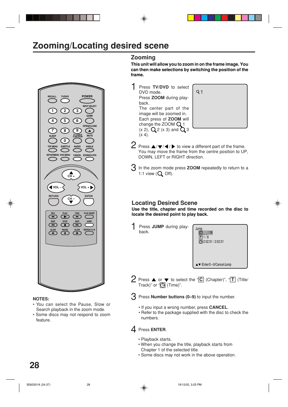 Advanced function, Zooming/locating desired scene, Zooming | Locating desired scene | Toshiba MD13N3 User Manual | Page 28 / 47